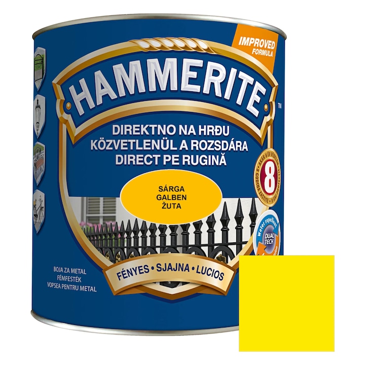 Vopsea alchidica pentru metal Hammerite - efect lucios, interior / exterior, galben, 0.75 L