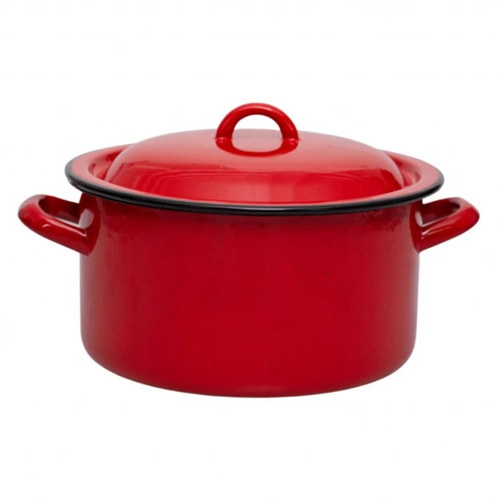 Set cratita adanca si capac, Vef, tabla emailata, rosu, 24 cm