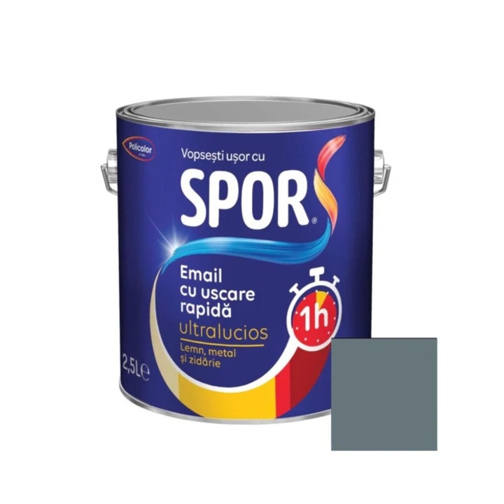 Vopsea alchidica pentru metal, Spor, cu uscare, rapida, ultralucios, interior / exterior, gri cenusiu, 2.5 L