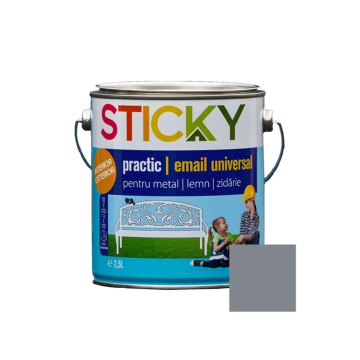 Vopsea alchidica pentru lemn / metal, Sticky Practic, interior / exterior, gri, 2.5 L