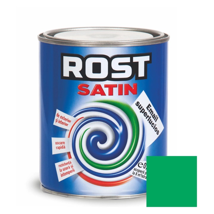 Vopsea alchidica pentru lemn / metal, Rost Satin, interior / exterior, verde iarba, 0.6 L