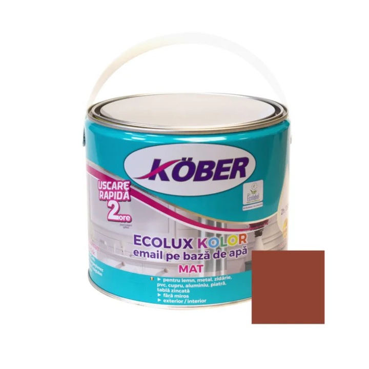 Vopsea pentru lemn / metal, Kober Ecolux Kolor, interior / exterior, pe baza de apa, mat, maro roscat, 2.5 L