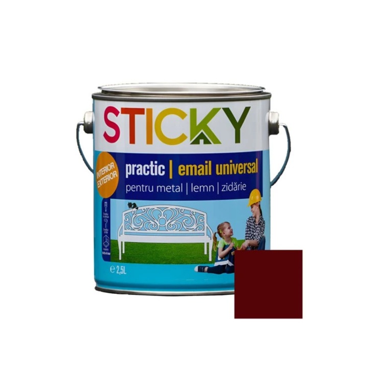 Vopsea alchidica pentru lemn / metal, Sticky Practic, interior / exterior, rosu oxid, 2.5 L