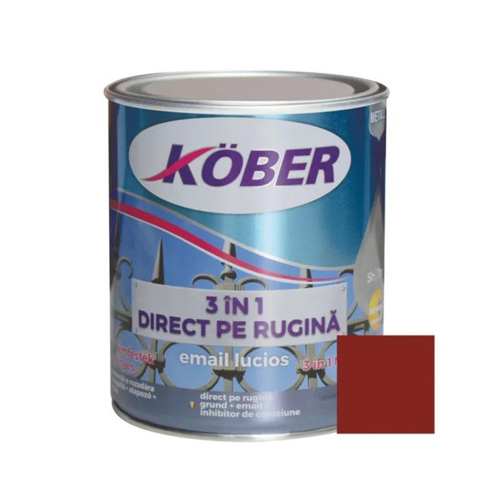 Vopsea alchidica pentru metal Kober 3 in 1 direct pe rugina, interior / exterior, rosu maro, 0.75 L