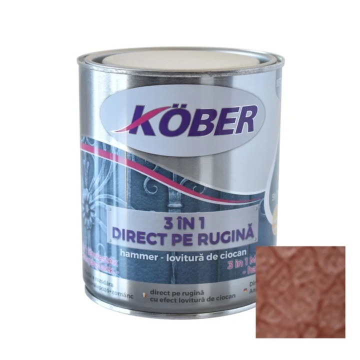 Vopsea alchidica pentru metal Kober Hammer 3 in 1 direct pe rugina, efect lovitura de ciocan, interior / exterior, cupru / orange cupru E81305, 0.75 L