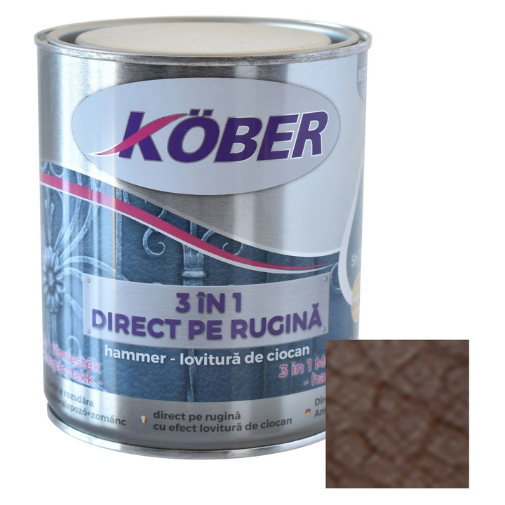 Vopsea alchidica pentru metal Kober Hammer 3 in 1 direct pe rugina, efect lovitura de ciocan, interior / exterior, brun E81785, 0.75 L
