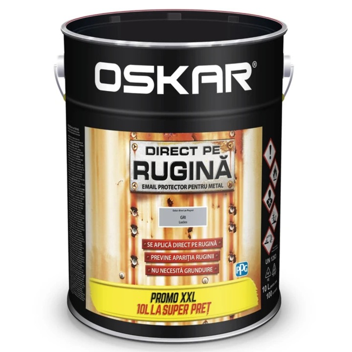 Vopsea alchidica Oskar Direct pe rugina, interior / exterior, gri lucios, 10 L