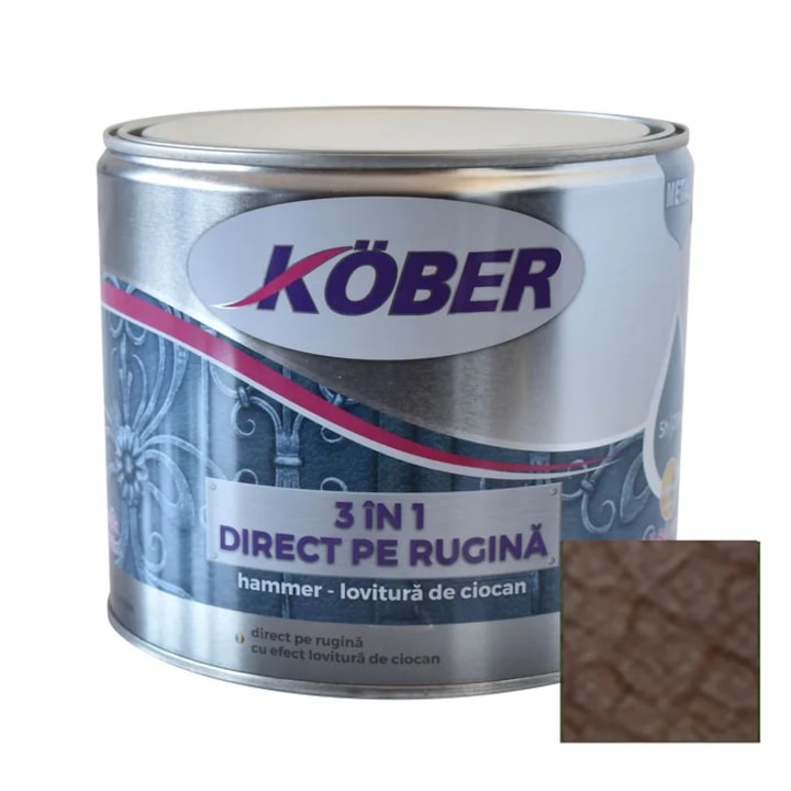 Vopsea alchidica pentru metal Kober Hammer 3 in 1 direct pe rugina, efect lovitura de ciocan, interior / exterior, brun E81785, 2.5 L