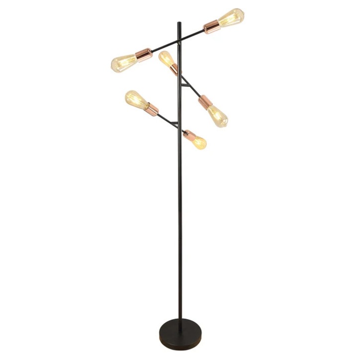 Lampadar Straight PT6 KL107009, 6 x E27, cupru + negru, industrial