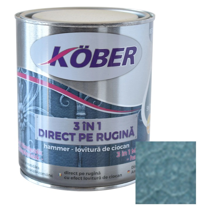 Vopsea alchidica pentru metal Kober Hammer 3 in 1 direct pe rugina, efect lovitura de ciocan, interior / exterior, albastru luminos E81605, 0.75 L
