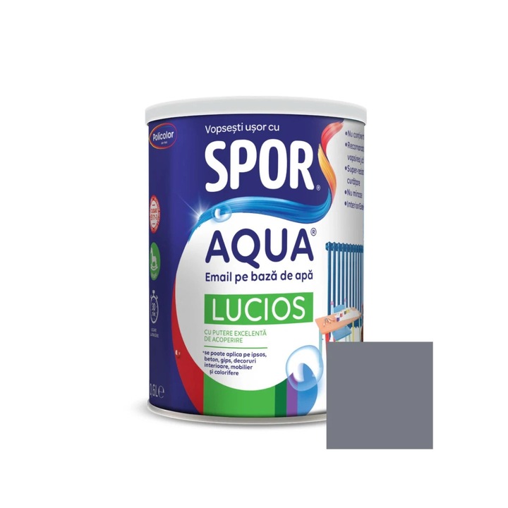 Email pentru lemn / metal, Spor Aqua lucios, interior / exterior, pe baza de apa, gri zinc, 0.6 L