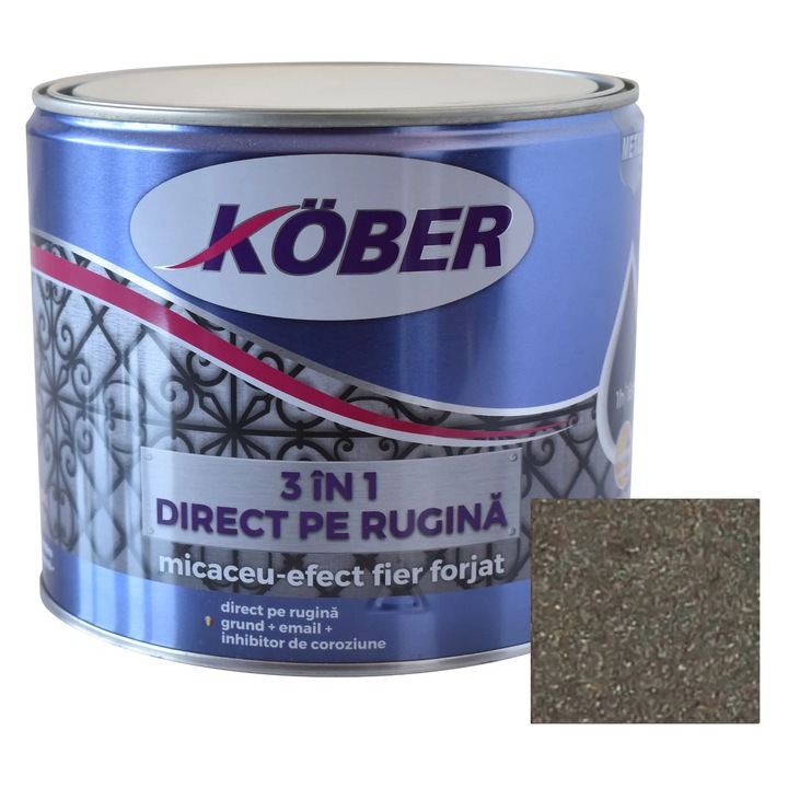 Vopsea alchidica pentru metal Kober Micaceu, efect fier forjat, interior / exterior, brun fumuriu, 2.5 L
