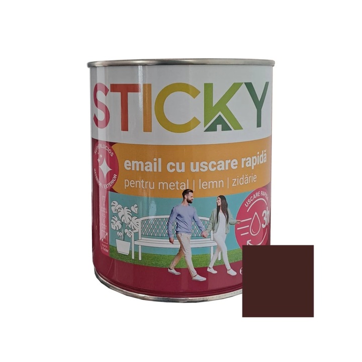 Vopsea alchidica pentru lemn / metal, Sticky uscare rapida, interior / exterior, maro ciocolatiu, 0.75 L