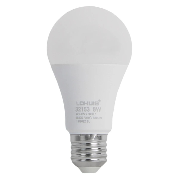 LED крушка Lohuis класическа A60 E27 8 W 880 lm студена светлина 6500 K, 12V - 42V