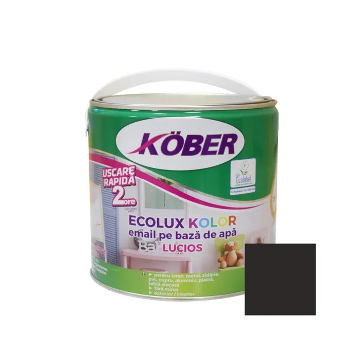 Festék fa / fém felületre, Kober Ecolux Kolor, beltéri / kültéri, vízbázisú, fényes, fekete, 2,5 L