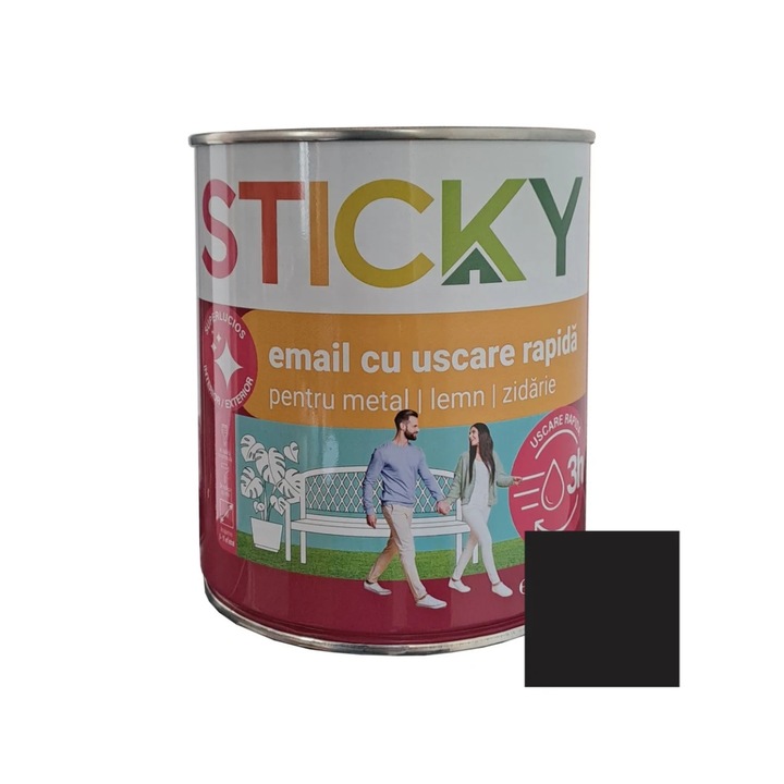 Alkyd festék fa / fém felületekre, Sticky gyorsan száradó, beltéri / kültéri, fekete, 0.75 L