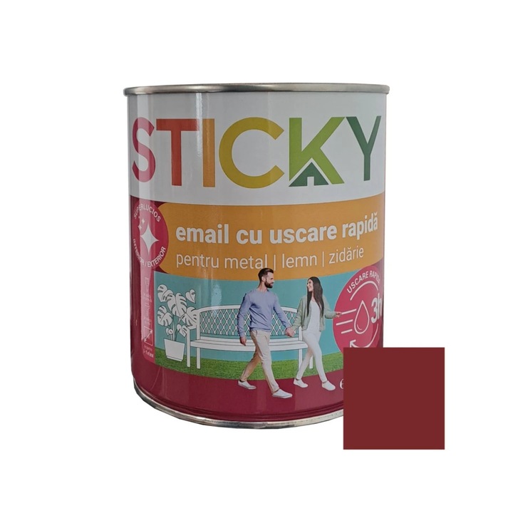 Vopsea alchidica pentru lemn / metal, Sticky uscare rapida, interior / exterior, rosu oxid, 0.75 L