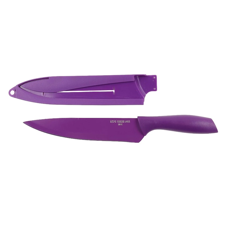 Cutit pentru feliat Icos JJ16092, maner plastic, mov, lama 19 cm, cu teaca protectie