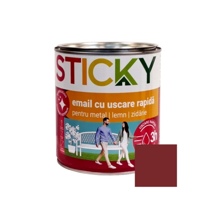 Vopsea alchidica pentru lemn / metal, Sticky uscare rapida, interior / exterior, rosu oxid, 2.5 L