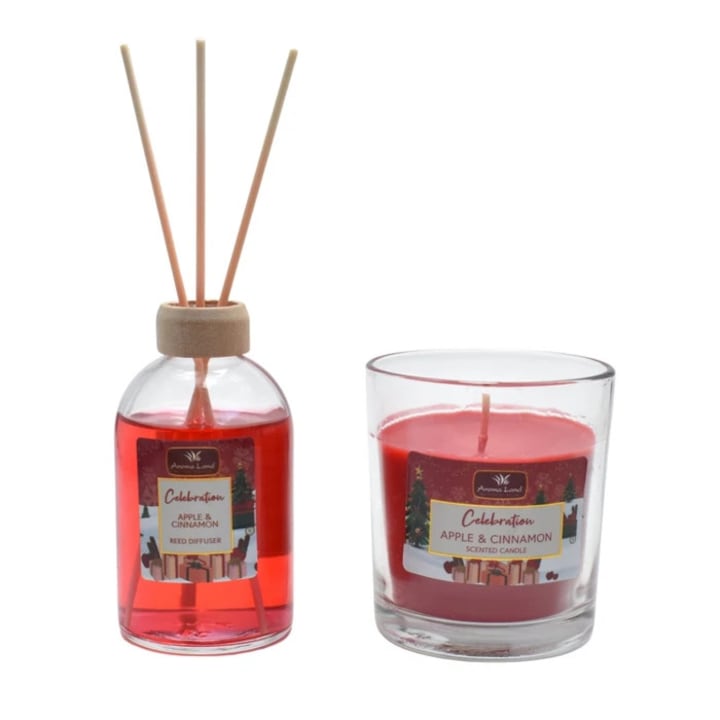 Celebration illatdiffúzor szett pálcikákkal és gyertyával, Aroma Land, alma + fahéj illat, 100 ml + 100 g