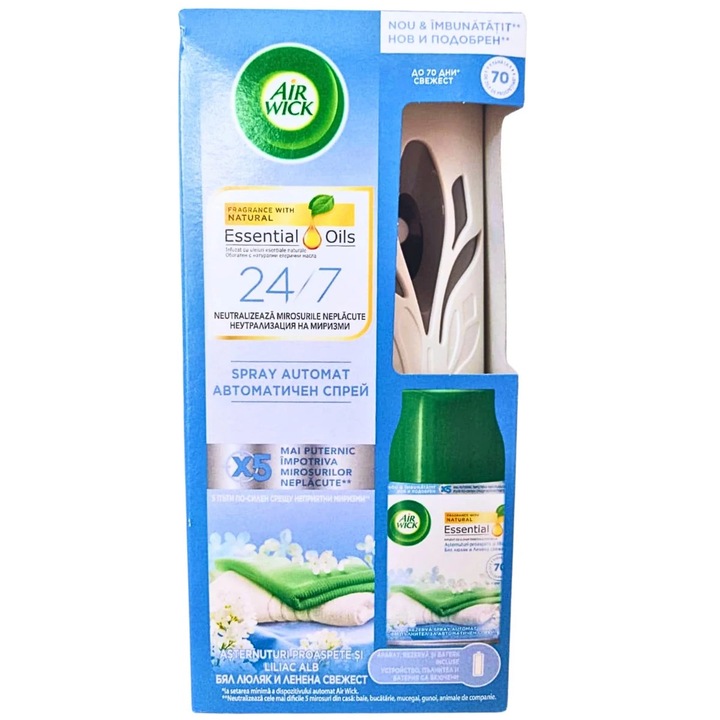 OEM Air Wick szobaillatosító, készülék és utántöltővel, elem, friss ágynemű és fehér lila, 250 ml
