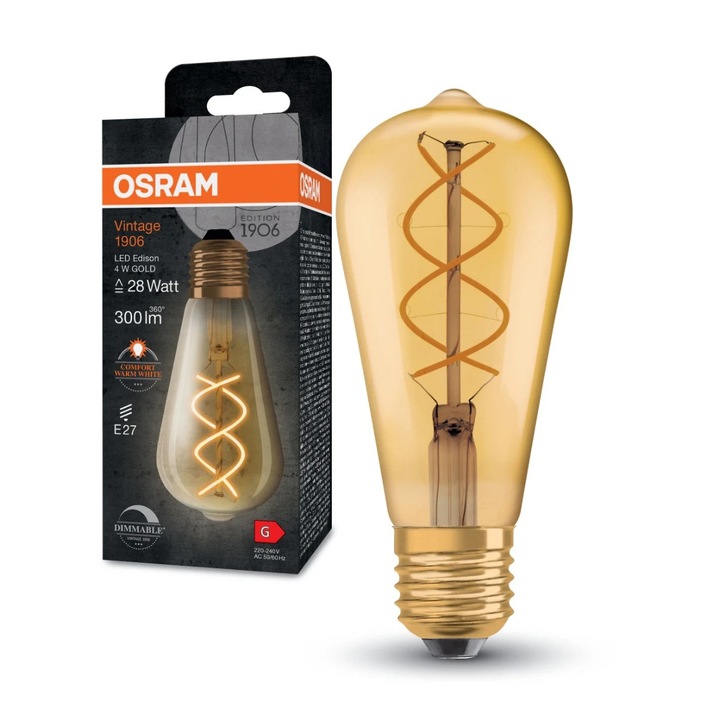 Bec LED decorativ vintage Osram Edison Fil Gold clasic ST87 E27 4 W 300 lm lumina calda 2000K, dimabil