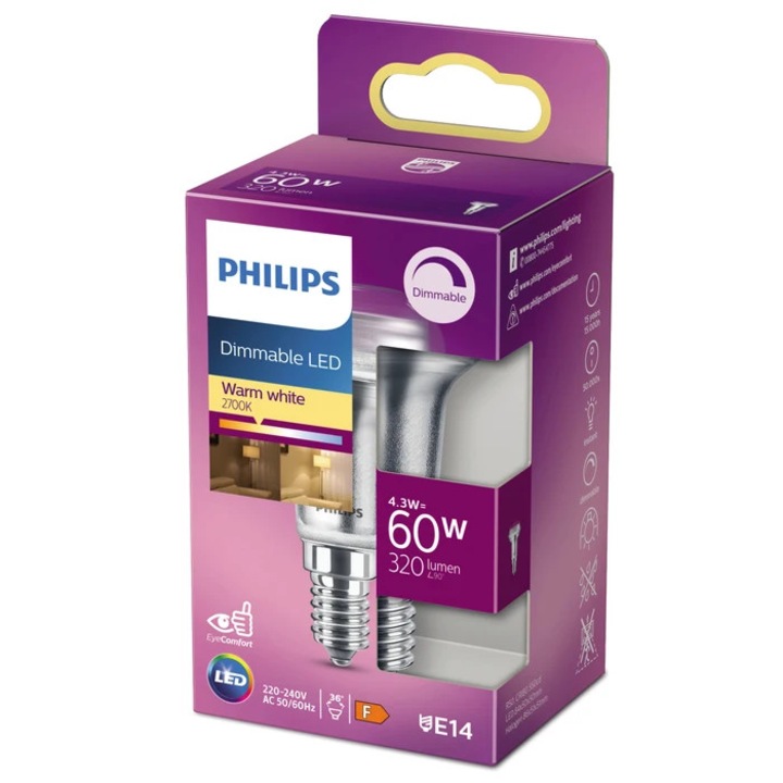 Bec LED Philips spot R50 E14 4.3 W 320 lm lumina calda 2700 K, dimabil