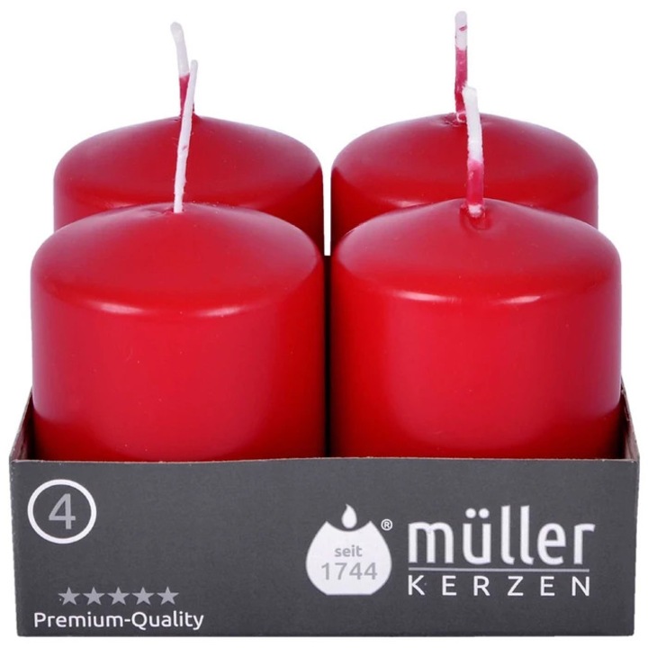 Декоративна свещ тип колона, Muller Kerzen, смес от палмово масло + други восъчни материали, червена, 6.2 см, време на горене 10 часа, комплект 4 броя