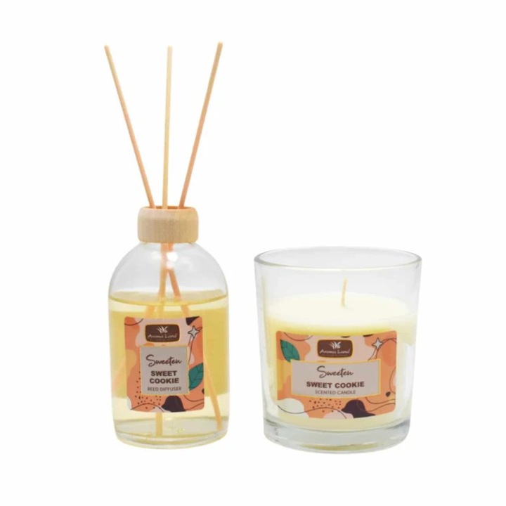 Parfüm diffúzor pálcikákkal + illatgyertya, Édes keksz, Aroma Land, 100 ml
