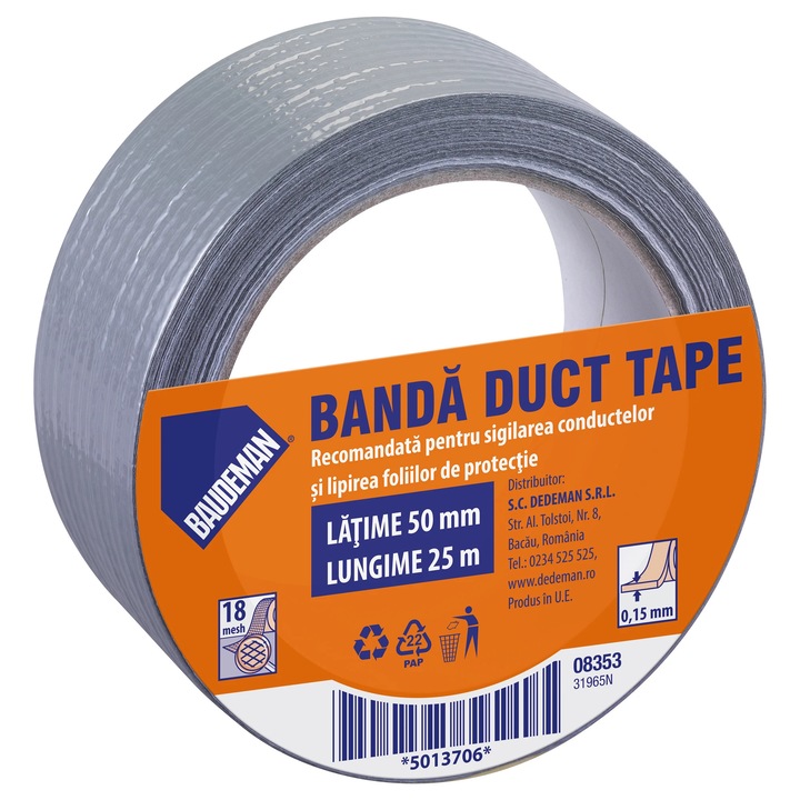 Banda adeziva pentru reparatii, Baudeman 8353, textil, 25 m x 50 mm