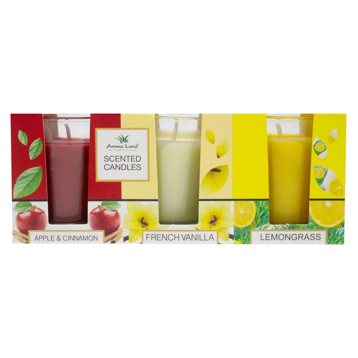 Illatos gyertya pohárban, Aroma Land, alma és fahéj / vanília / citromfű, 3 illatból álló készlet