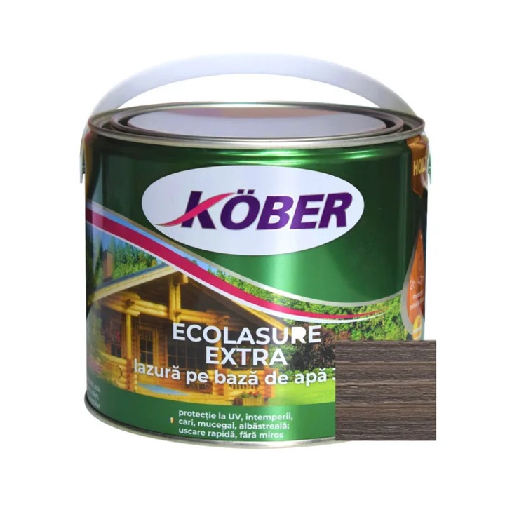 Лак / лазур 3 в 1 за дърво, Kober Ecolasure Extra, сив дъб, на водна основа, интериор / екстериор, 2.5 L