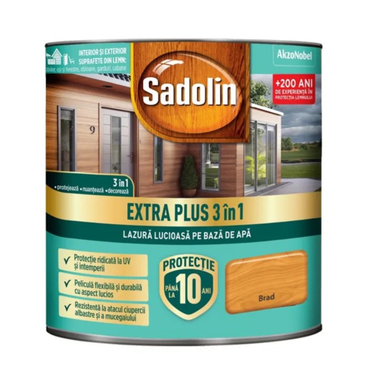 Lazura lucioasa pentru lemn, Sadolin Extra Plus 3 in 1, pe baza de apa, brad, interior / exterior, 0.75 L