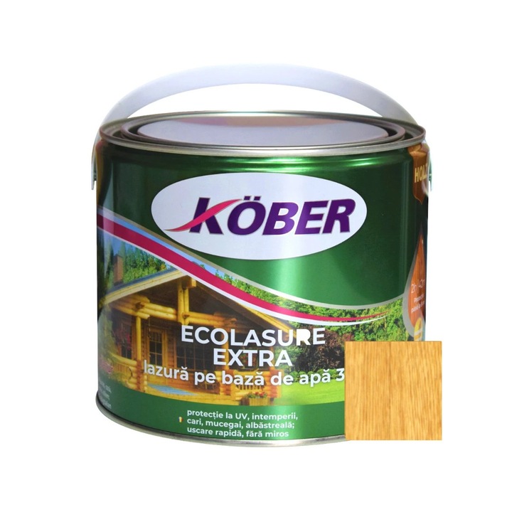 Lac / lazura 3 in 1 pentru lemn, Kober Ecolasure Extra, stejar deschis, pe baza de apa, interior / exterior, 2.5 L