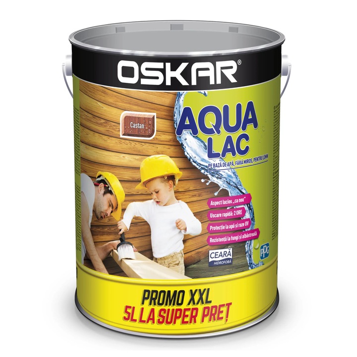 Лак за дърво Oskar Aqua Lac, кестен, на водна основа, интериор / екстериор, 5 L