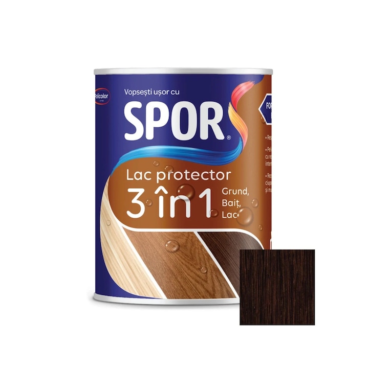 Lac protector 3 in 1 pentru lemn, Spor, wenge, lucios, interior / exterior, 0.75 L
