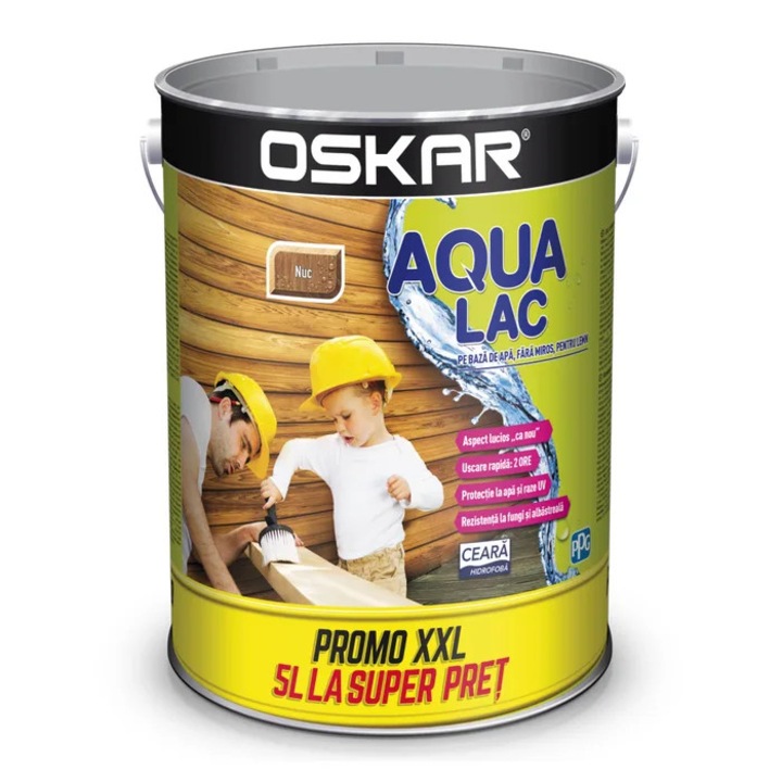 Лак за дърво Oskar Aqua Lac, орех, на водна основа, интериор / екстериор, 5 л