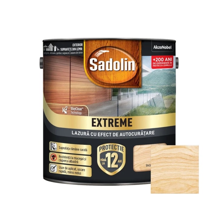 Lazura lucioasa pentru lemn, Sadolin Extreme, cu efect autocuratare, pe baza de apa, incolor, interior / exterior, 0.7 L