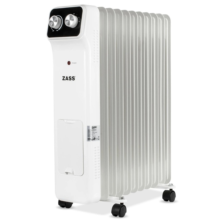 Calorifer electric cu ulei Zass ZR 11 N, 3 viteze, 2500 W, 48 x 15 x 57 cm, 11 elementi, termostat reglabil, protectie la supraincalzire, indicator luminos de functionare, rotite pentru o deplasare facila, alb
