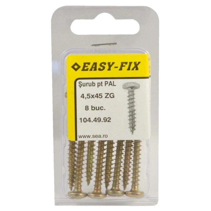 Surub pentru PAL / lemn, cu cap bombat, amprenta cruce, Easy-Fix, otel, zincat galben, 4.5 x 45 mm, set 8 bucati