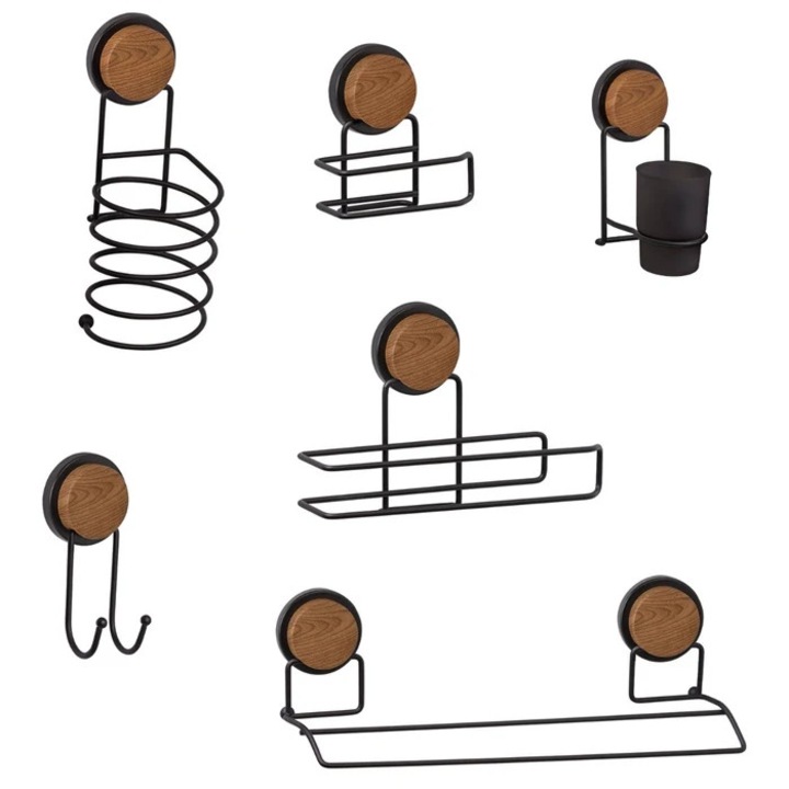 Set accesorii baie, Okyanus Home Magic Fix 2, negru + lemn, 6 piese