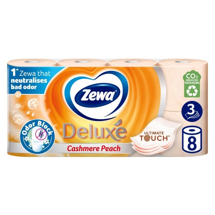 Hartie igienica Zewa Deluxe, piersica, portocaliu, 3 straturi, 8 role