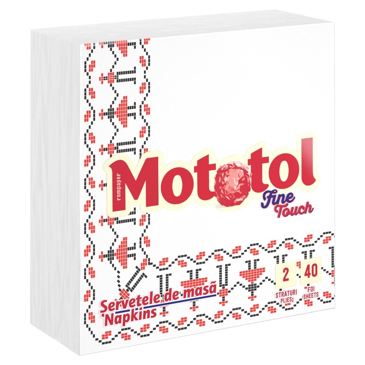 Servetele de masa Mototol Fine Touch, alb tiparit, 2 straturi, 33 x 33 cm, 40 buc / pachet