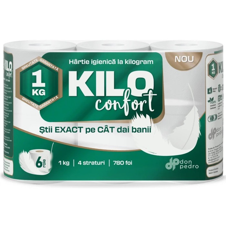 Hartie igienica Don Pedro Kilo, neparfumata, alb, 4 straturi, 6 role