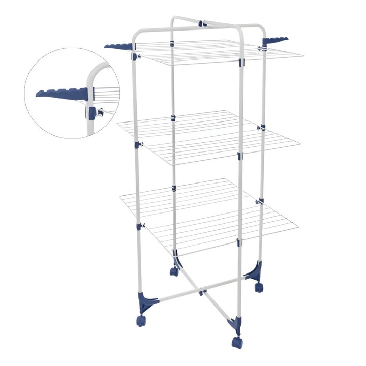 Függőleges ruhaszárító Casa Si Athletic Tower 3, vállfatartóval, fehér + kék, acél + műanyag, 650 x 710 x 1360 mm