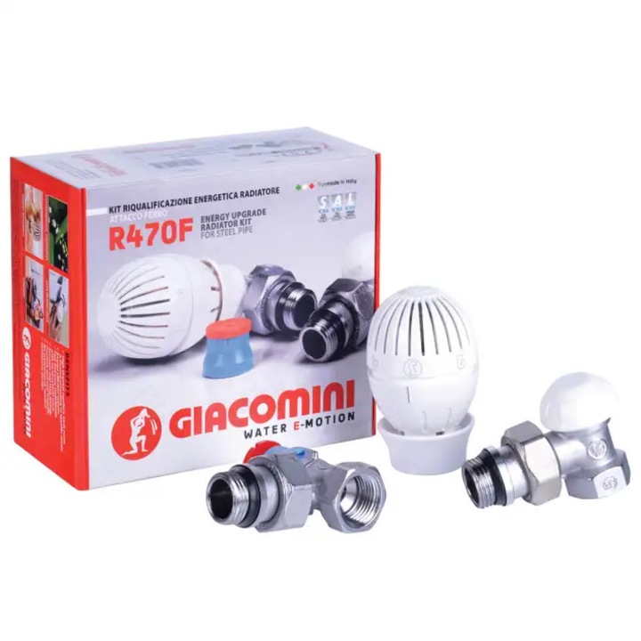 Kit robinet calorifer termostatat + robinet calorifer retur + cap termostat Giacomini R470FX003, alama, 1/2"