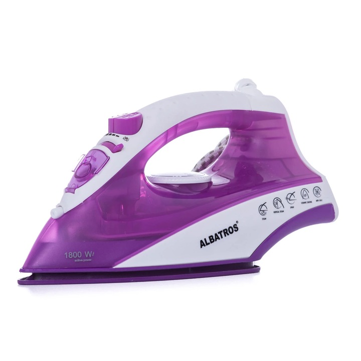 Fier de calcat Albatros Jasmine, 1800 W, talpa ceramica, 0.17 litri, 95 g/min, sistem auto-curatare, alb cu violet