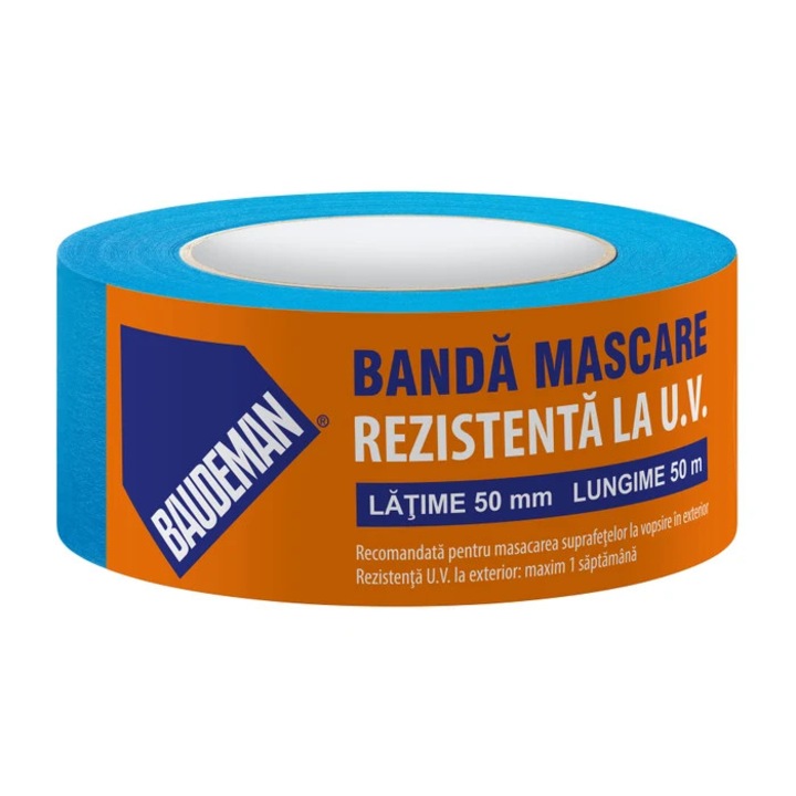Banda mascare, rezistenta la UV, Baudeman, interior / exterior, albastru, 50 m x 50 mm