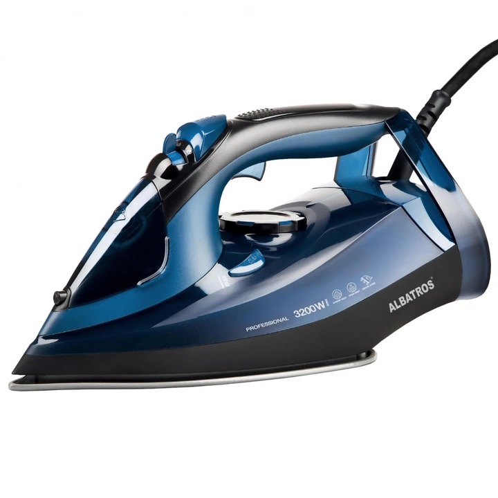 Fier de calcat Albatros Sapphire, 3200 W, talpa ceramica, 0.35 litri, 120 g/min, functie de auto-curatare, functie anti-picurare, functie anti-calcar, calcare verticala, albastru