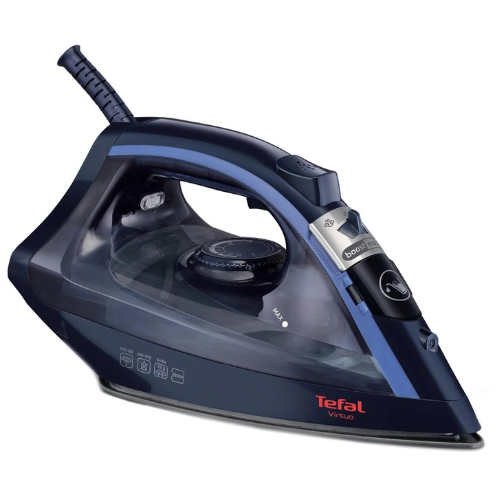 Fier de calcat Tefal Virtuo FV1713E0, 2000 W, talpa ceramica, 0.20 litri, 90 g/min, abur variabil, abur vertical, sistem anti-calcar, sistem anti-picurare, mod Eco, albastru